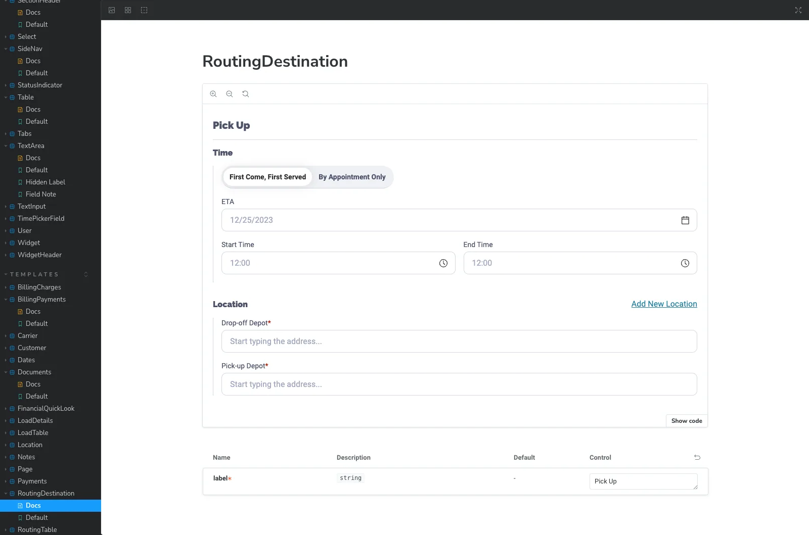 Storybook view of a Routing Destination template