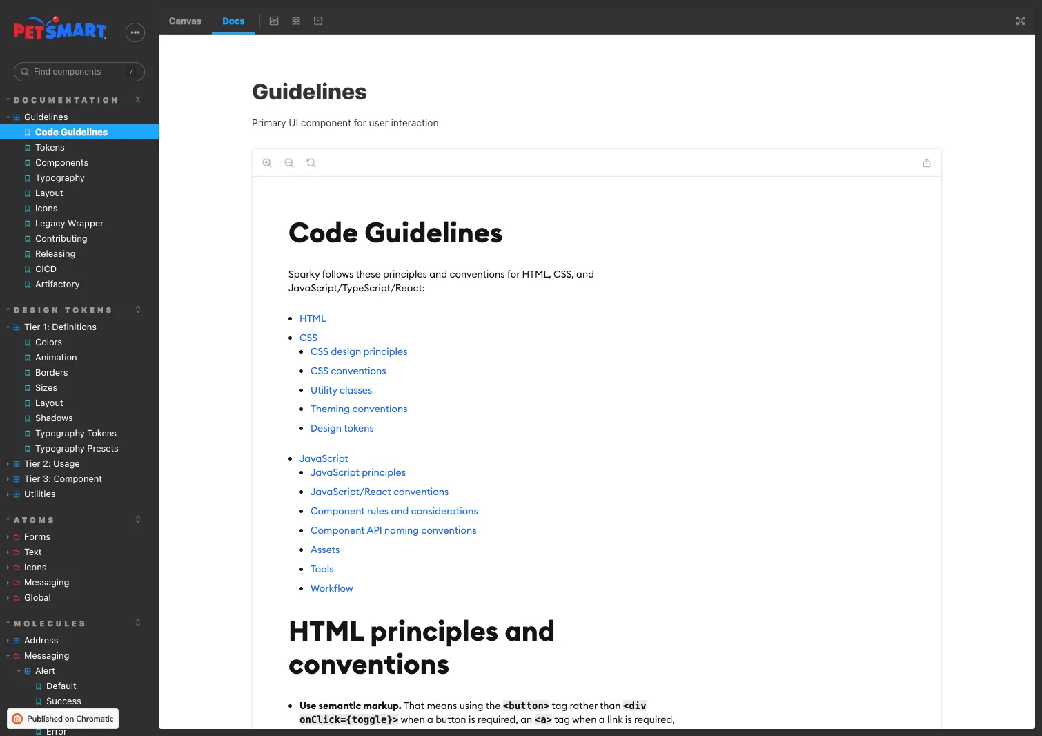 Storybook view of the documentation section