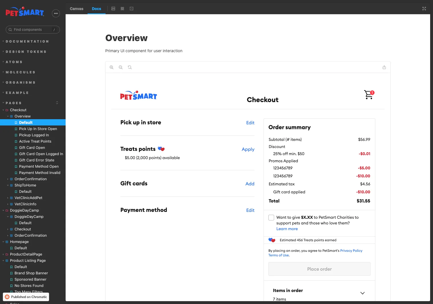 Storybook view the checkout overview display